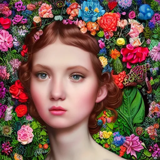 Prompt: a 3 d realistic image of a beautiful young surrounded by lush flowers looking at the mark ryden camera, surrealism pop 3 d 8 k ultra detailed