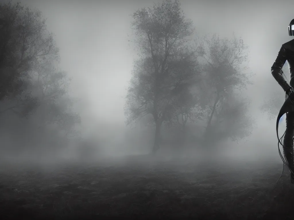 Prompt: daft punk as a norwegian black metal band, atmospheric fog, octane render, cinematic