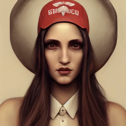 Image similar to tom bagshaw portrait, beautiful portrait of a woman with angel eyes in a suit, hair under a baseball cap, professionally retouched, focus eyes, ultra realistic soft painting, insanely detailed linework, symmetrical accurate intricate features, behance, 8 k