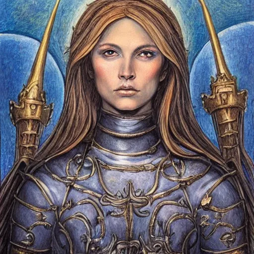 Prompt: jeanne d'arc in the style of william blake, terese nielsen, detailed, intricate, beautiful faces, steve argyle, triumphant fate, pastoral fantastic reality