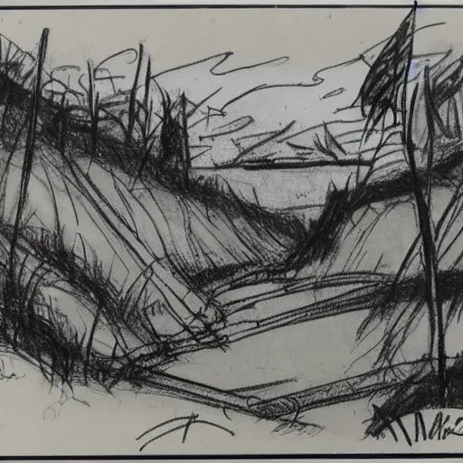 Image similar to milt kahl sketch of world war 1 trenches with the city of miami in the background