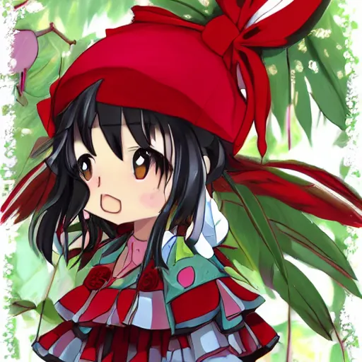 Image similar to a digital anime drawing of reimu in the jungle wearing bonnet