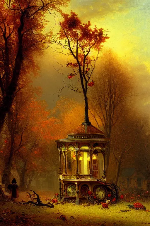 Image similar to detailed painting of a victorian living capsule architecture, autumn dusk, leaves, flowers, dead trees. filigree ornaments, andreas achenbach