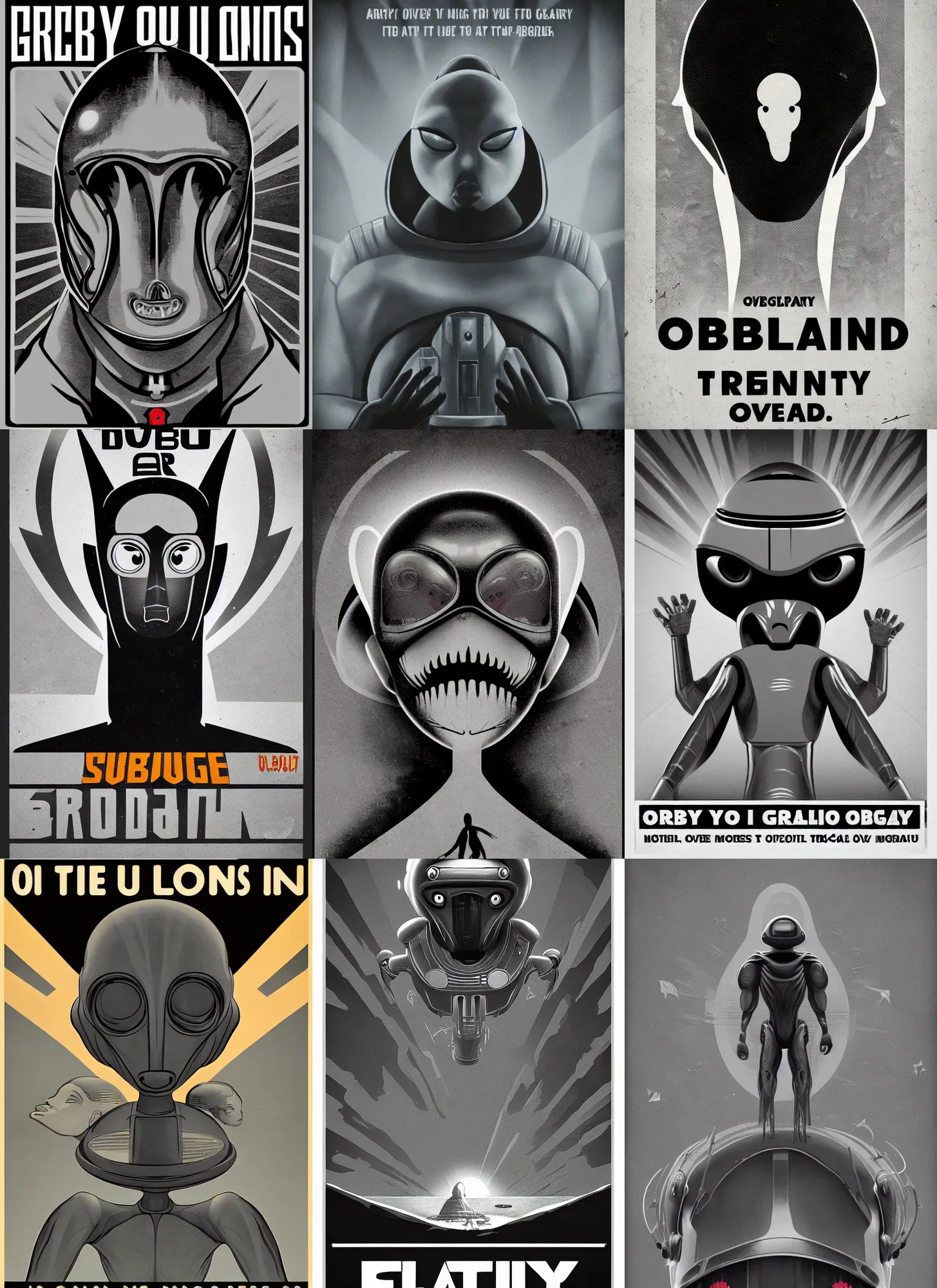 Prompt: grey alien propaganda posters, obey your overlords, subjugation of humans, grey aliens, overlords, ufo, digital art, trending on artstation, 4 k, masterpiece