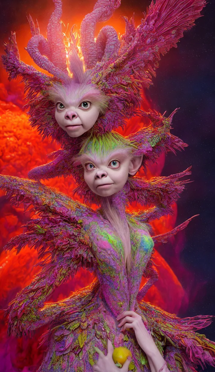 Image similar to hyper detailed 3d render like a Oil painting - kawaii portrait of one Aurora (a beautiful skeksis muppet fae queen from dark crystal that looks like Anya Taylor-Joy) seen red carpet photoshoot in UVIVF posing in scaly dress to Eat of the Strangling network of yellowcake aerochrome and milky Fruit and His delicate Hands hold of gossamer polyp blossoms bring iridescent fungal flowers whose spores black the foolish stars by Jacek Yerka, Ilya Kuvshinov, Mariusz Lewandowski, Houdini algorithmic generative render, Abstract brush strokes, Masterpiece, Edward Hopper and James Gilleard, Zdzislaw Beksinski, Mark Ryden, Wolfgang Lettl, hints of Yayoi Kasuma and Dr. Seuss, octane render, 8k