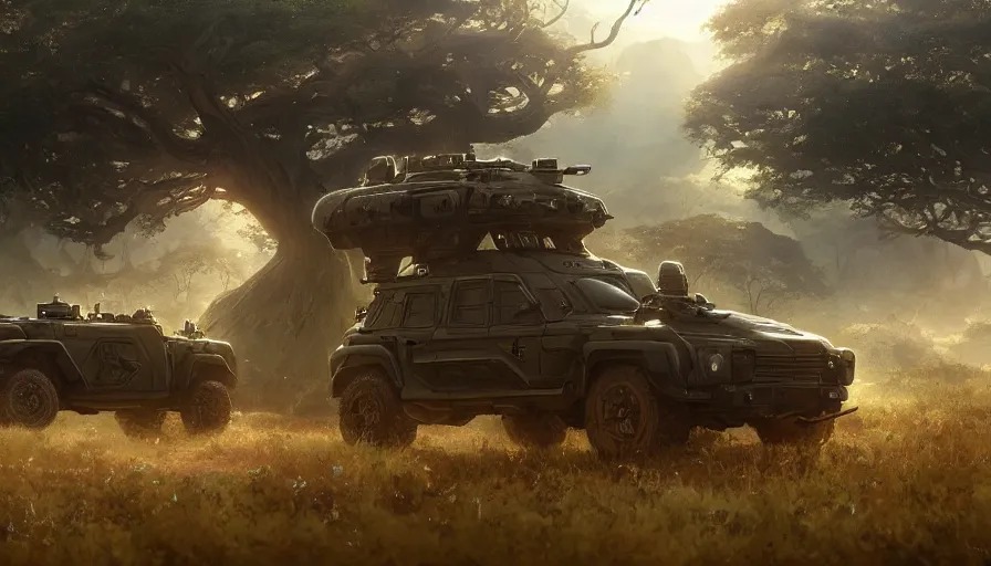 Image similar to a militarised suv designed by apple driving through african savanna, artgerm and greg rutkowski and alphonse mucha, an epic fantasy, volumetric light, detailed, establishing shot, an epic fantasy, trending on art station, octane render, midsommar