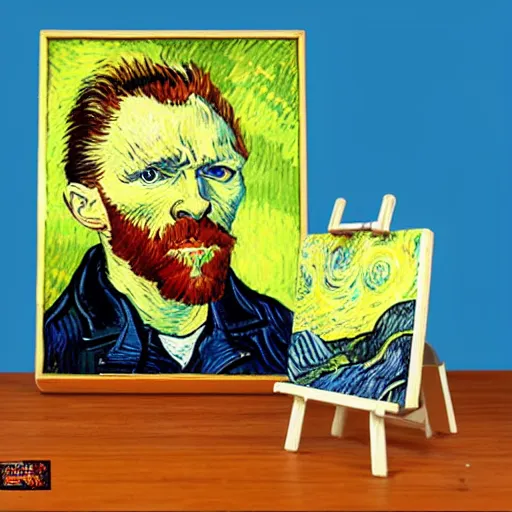 Image similar to joyous, fit, powerful, vincent van gogh standing next to his small painting starry night which is on an easel, stop motion vinyl action figure, plastic, toy, butcher billy style