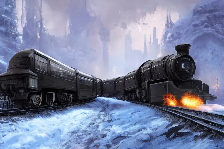 Prompt: a grand intricate futuristic black steam train, the train is themed after willy wonka and the chocolate factory, post - apocalyptic ice landscape in snowstorm, concept art, artstation, highly detailed, digital art