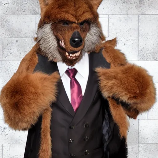 Prompt: brown wolf furry costume with a black presidential suit, convention photo, ultra detailed