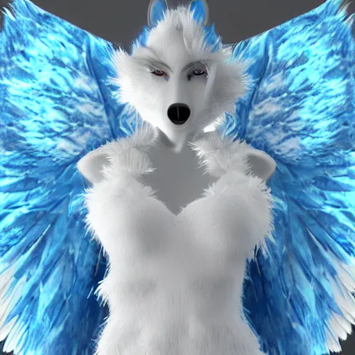 Prompt: 3 d render, well toned, large, female anthropomorphic wolf with wings, blue fur and scales with white spots and wings on her back, icey blue dress,.