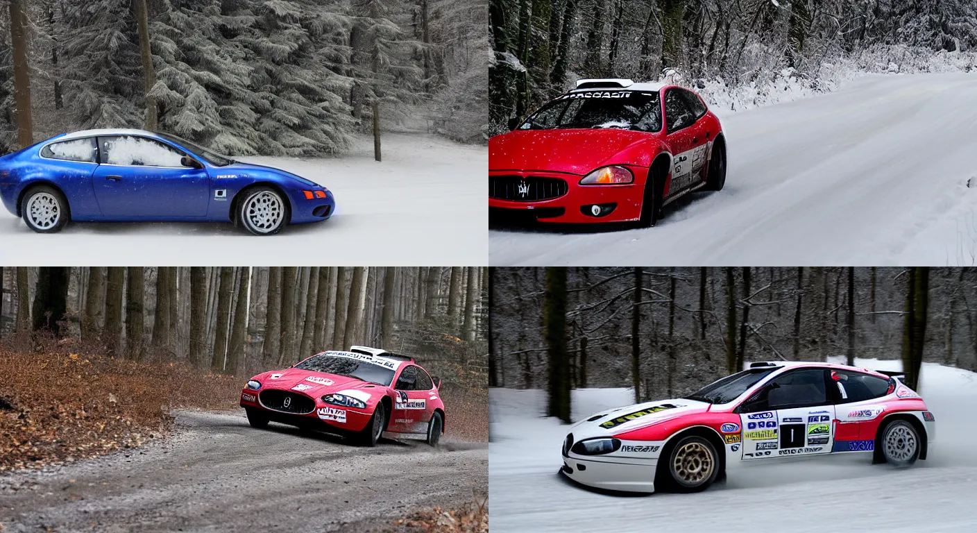 Prompt: a 2 0 0 6 maserati gransport, racing through a rally stage in a snowy forest