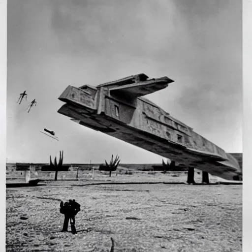 Prompt: stormtrooper fighting in ww2, star destroyer flying in the background