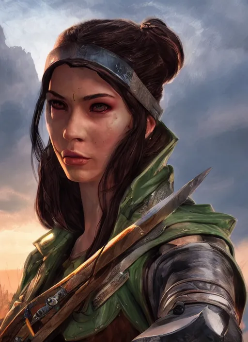 Prompt: A fantasy comic book style portrait painting of a female ranger in a bright post apocalyptic setting, unreal 5, DAZ, hyperrealistic, octane render, RPG portrait, dynamic lighting