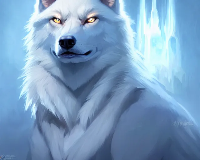 Image similar to albino wolf with blue eyes, backlight, rim lighting, deep focus, d & d, fantasy, intricate, elegant, highly detailed, digital painting, artstation, concept art, matte, sharp focus, illustration, hearthstone, art by artgerm and greg rutkowski and alphonse mucha