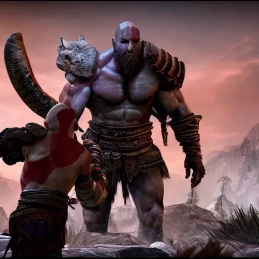 Prompt: screenshot of the game God of War with Kratos fighing a Rhinoceros beetle kaiju | Sony Pictures official media