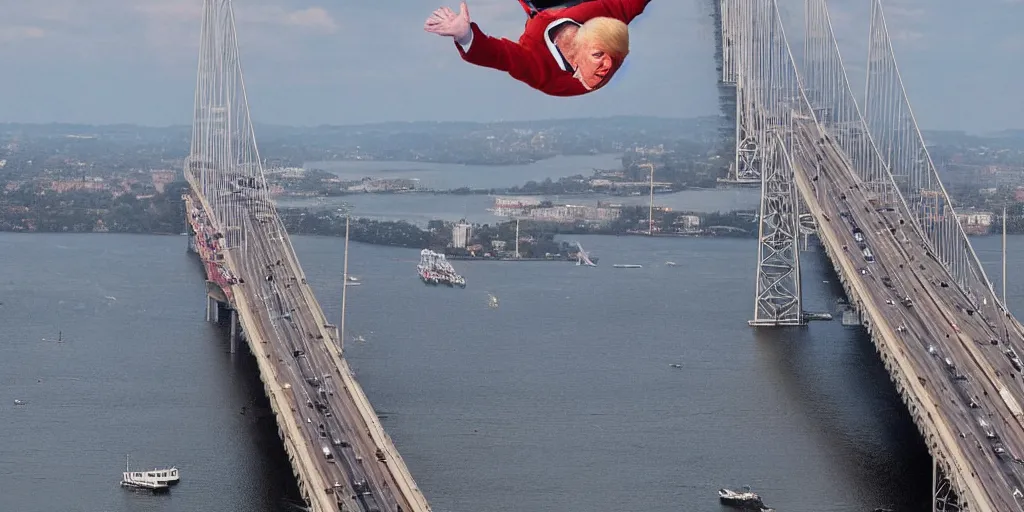 Image similar to Donald Trump falling off the tappan zee bridge with a look of panic on his face seen from below, detailed, photorealistic