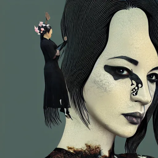 Prompt: fantasy portrait of a woman made of obsidian and smoke, carved Japanese Sakura wood organic overgrowth, holding nevermore, in GTA V, boxart, loading screen, Stephen Bliss