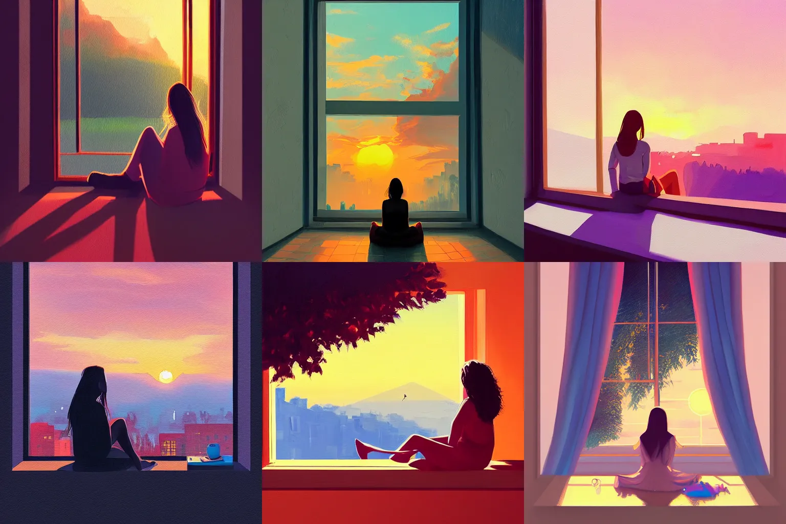 Prompt: a beautiful painting of a woman sitting on a window at sunset, by alena aenami, featured on artstation