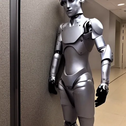 Prompt: “a realistic detailed photo of a guy who is an attractive humanoid who is half robot and half humanoid, who is a male android, twitch streamer Ninja Tyler Blevins, shiny skin, posing like a statue, blank stare, at the door entrance, display”