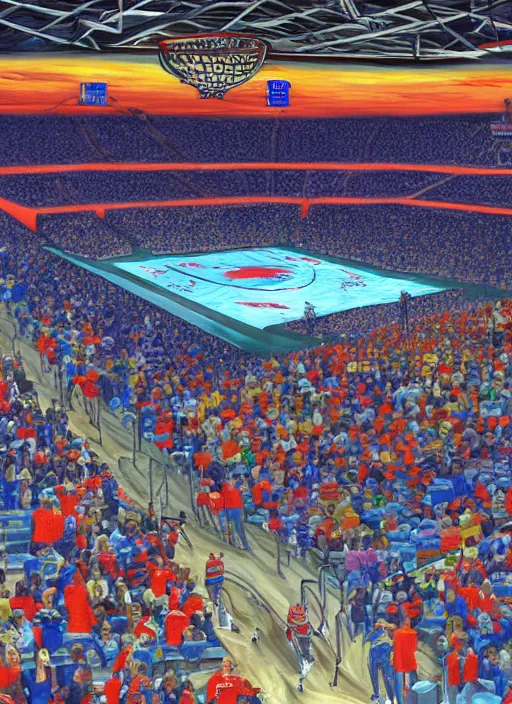 Image similar to fantasy art painting of the outside view of Rupp arena