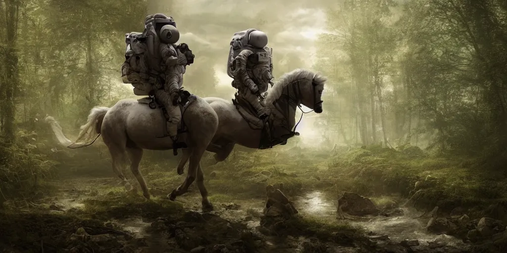 Prompt: an astronaut riding on the back of a white horse through a forest, crossing a river, a detailed matte painting by frieke janssens, featured on cgsociety, fantasy art, matte painting, reimagined by industrial light and magic, matte drawing