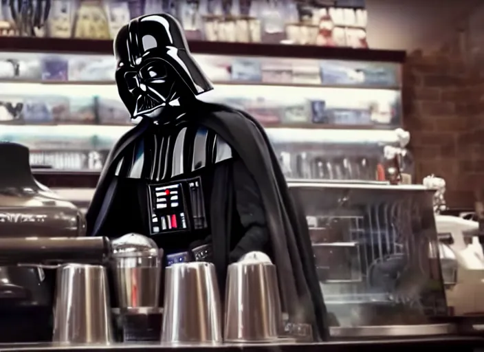 Image similar to film still of Darth Vader working as a barista in the new Star Wars movie, 4k