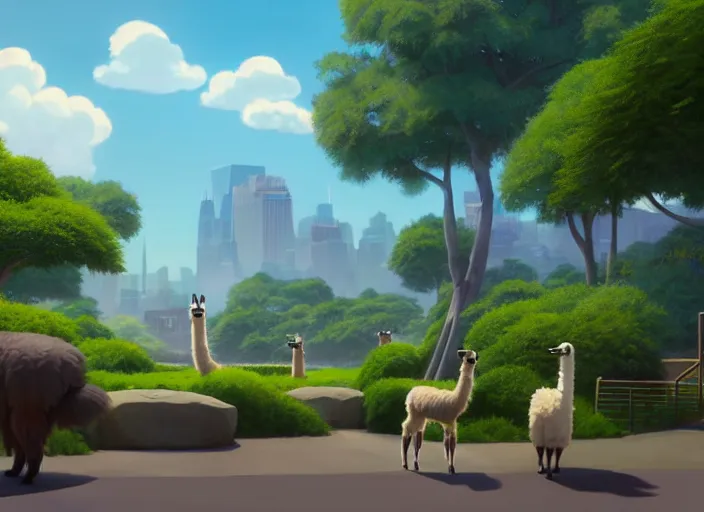 Image similar to a wholesome animation key shot of a llama, new york zoo in the background, studio ghibli, pixar and disney animation, sharp, rendered in unreal engine 5, anime key art by greg rutkowski, bloom, dramatic lighting