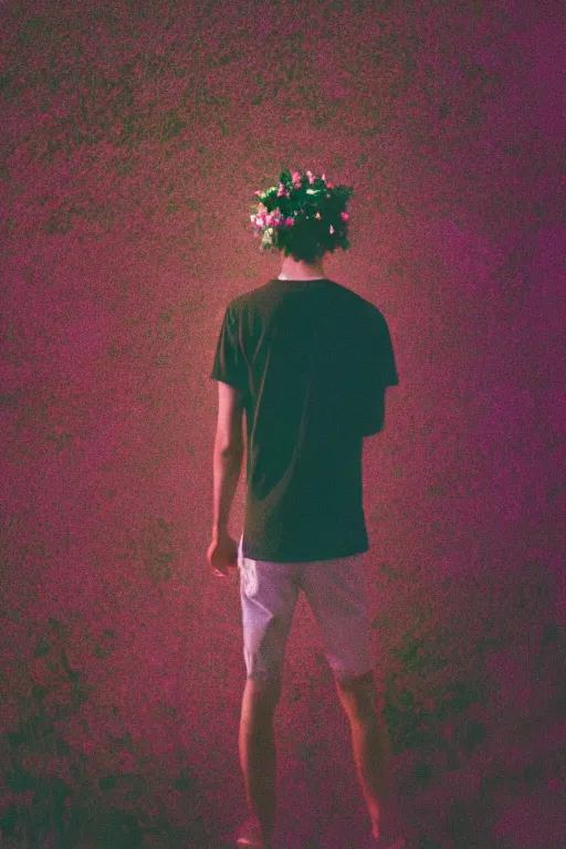 Image similar to kodak portra 4 0 0 photograph of a skinny guy looking into a otherworldly portal, flower crown, back view, vaporwave colors, grain, moody lighting, moody aesthetic,