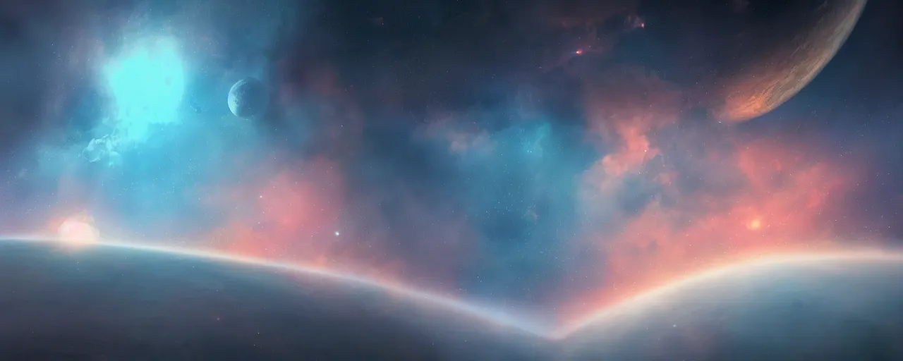 Image similar to warm smooth space colours, cinematic render of atmospheric deep space, volumetric lighting, cathrin machin