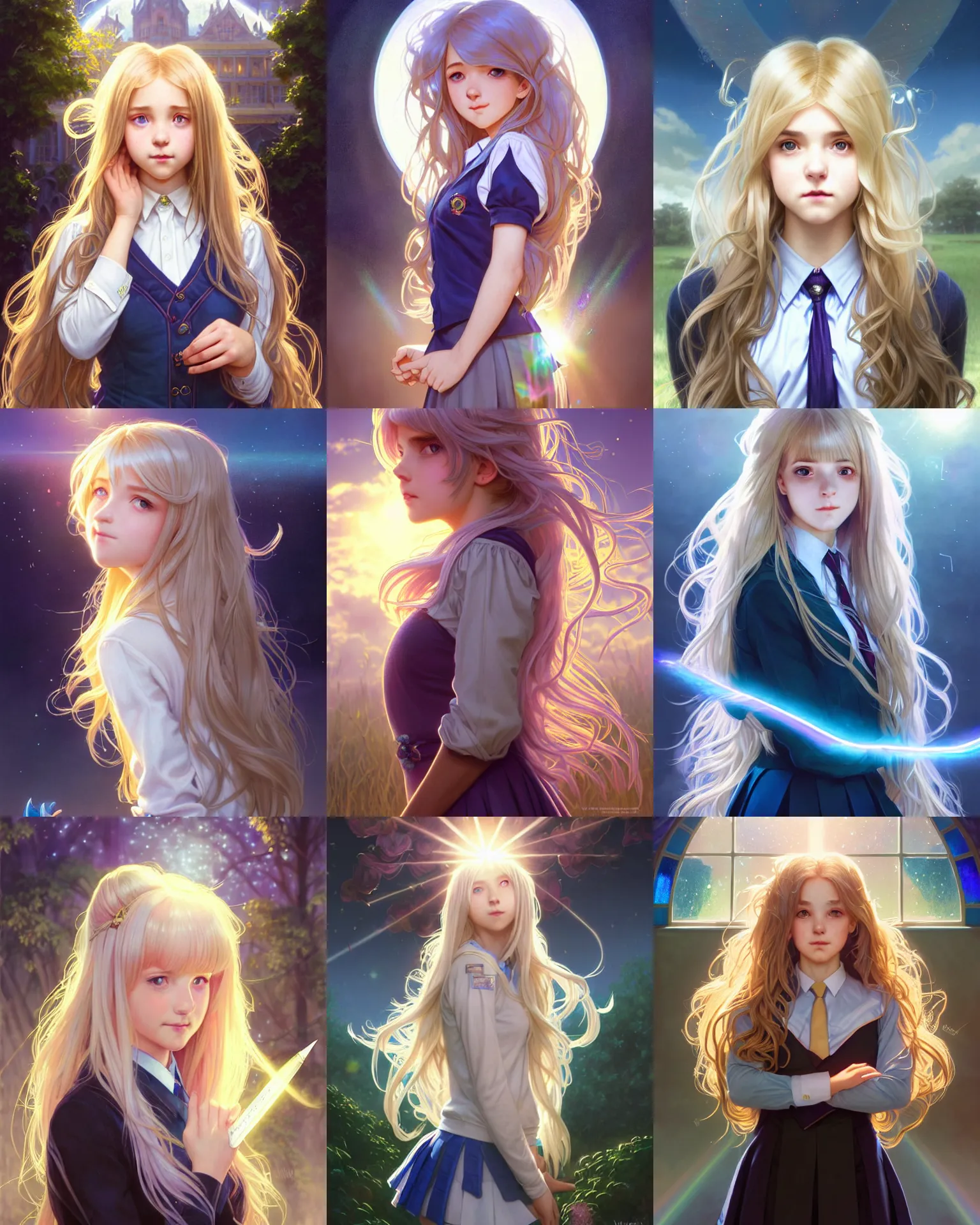 Prompt: school portrait of an innocent lost college girl, magic school uniform, light iridescent hair color, large messy hair style, fantasy building, intricate, sharp focus, lens flare, bloom, rim light, illustration, highly detailed, digital painting, concept art, matte, art by wlop and artgerm and greg rutkowski and alphonse mucha, masterpiece