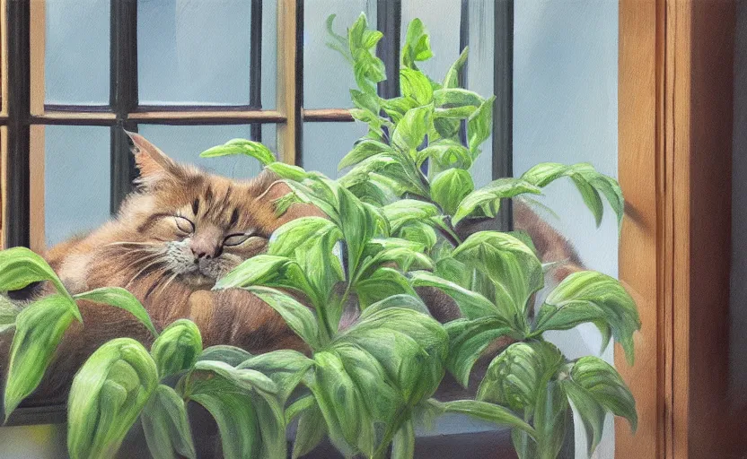 Image similar to detailed oil painting of sleeping cat on window, inside house in village, plants, photorealistic imagery