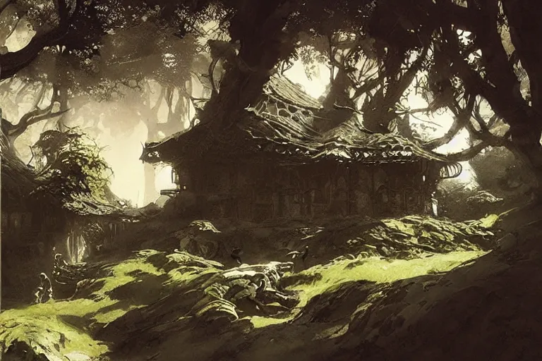 Prompt: the shire, intricate, elegant, highly detailed, john park, frazetta, sparth, ruan jia, jeffrey catherine jones