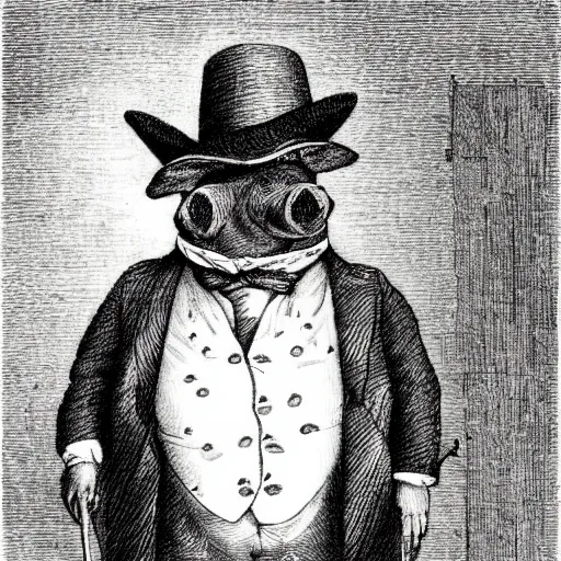 Prompt: pig in a tuxedo, dark, high detail, dramatic light, drawing gustave dore