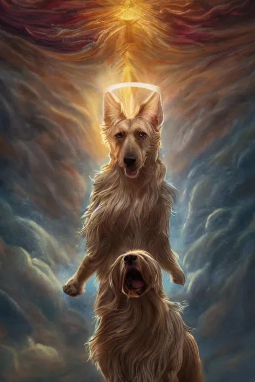 Image similar to Dog as a god with a radiant halo, detailed face, gorgeous, amazing, flowing hair, very muscular male body, partial anatomy, stormy background, caesar victorious, proud Emperor, crepuscular ray, intricate, highly detailed, 8K, digital painting, fantasy, artstation, concept art, sharp focus, over-shoulder shot, illustration, art by greg rutkowski beeple and alphonse mucha, laica chrose