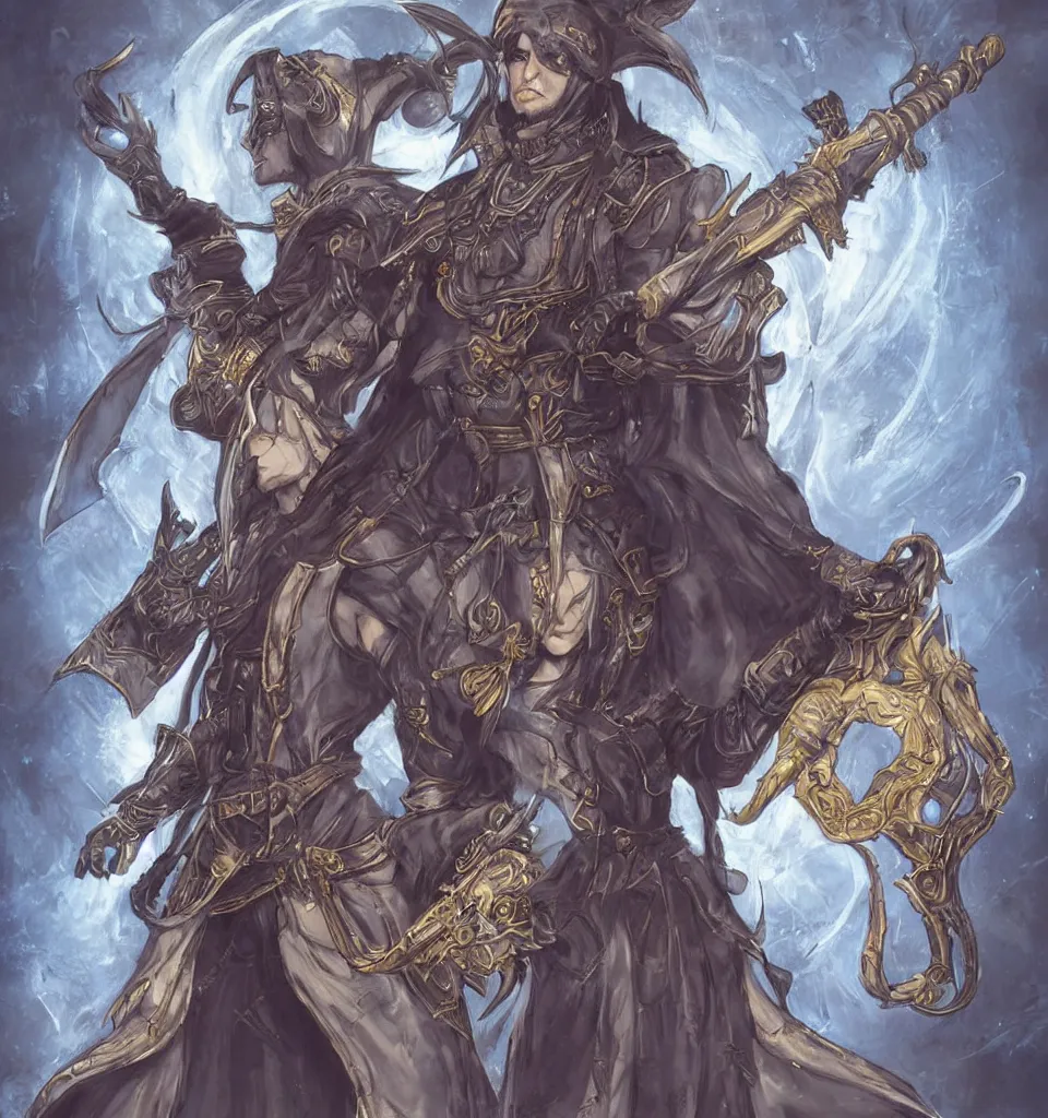 Prompt: tiefling cleric gunslinger holding pistol character art concept ayami kojima style, full body, grey skin, fine detailed, demon tail, blue cleric robe with golden embroidery, final fantasy character art, game character design, game design dark fantasy