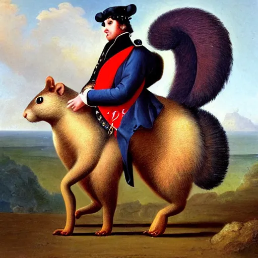 Prompt: a giant fluffy squirrel carrying napoleon bonaparte on its back, on a beach, 🌺🌹 and foliage, detailed oil painting