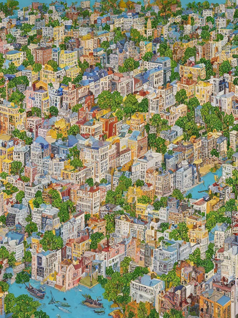 Image similar to an elaborate and dense painting of a peaceful neighborhood, detailed, made of alcohol ink on parchment and penned illustrations, by wes anderson and geoff darrow