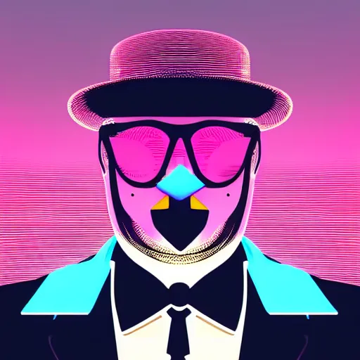 Image similar to penguin headed businessman, portrait, vaporwave, synthwave, neon, vector graphics, cinematic, volumetric lighting, f 8 aperture, cinematic eastman 5 3 8 4 film, photorealistic