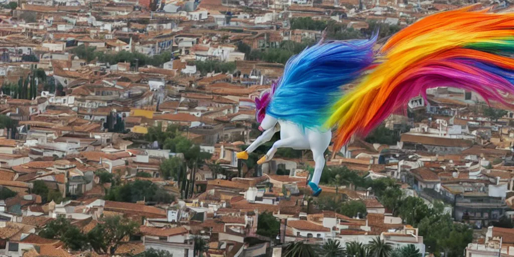 Prompt: rainbow dash flying through the skies of seville