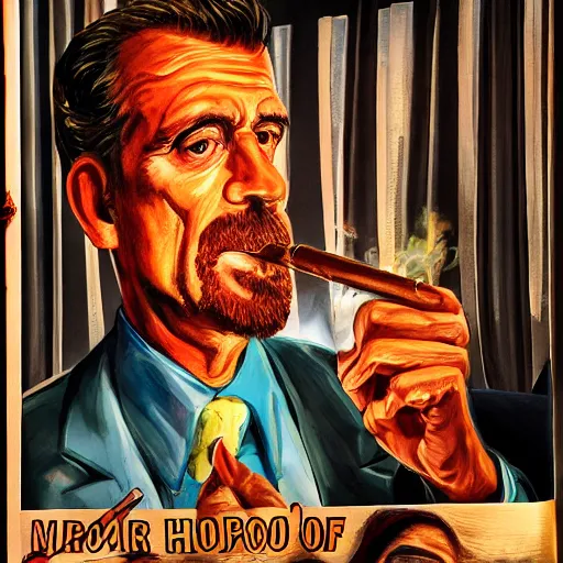 Image similar to mr. house, realistic, highly detailed face, looks at the big explosion, nuclear fungus, explosion, from the window of the lucky 3 8 casino, man smokes a cigar,! holding in his hand!, arm, cigarette advertising, hyperdetailed, artstation trending, ultra hd, artstation, photorealism, ultrarealistic, retro, 4 5 mm, elegant,