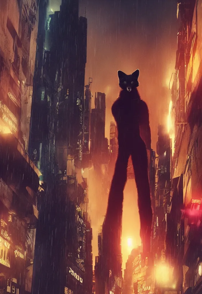 Image similar to anthro fox furry in Blade Runner: 2049, wearing a leather uniform, city streets, fursona, anthropomorphic, furry fandom, film still