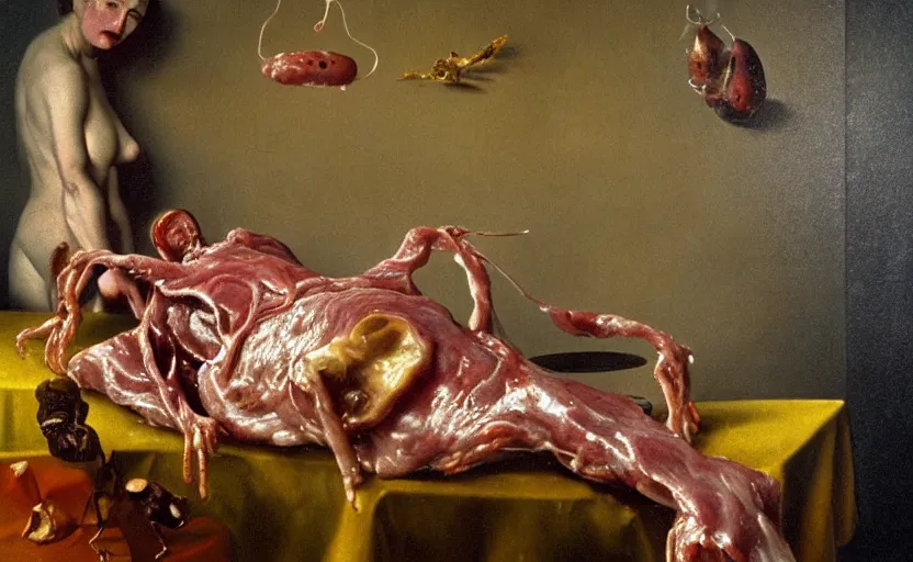 Image similar to strange full woman body, disturbing colorful oil painting dutch golden age vanitas still life sparse composition with bizarre objects strange gooey transparent surfaces shiny metal reflections bizarre mutant meat insects rachel ruysch dali todd schorr very detailed perfect composition rule of thirds masterpiece canon 5 0 mm, cinematic lighting, photography, retro, film, kodachrome