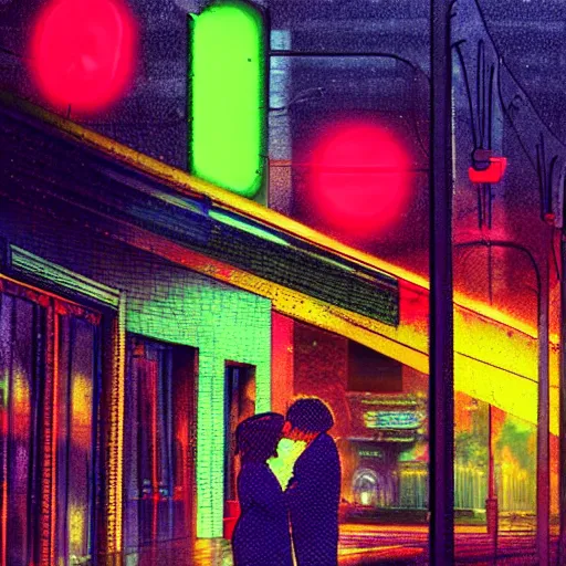 Prompt: 1980s, neon, couple kissing, artificial light, rain, fog, highly detailed, digital art, cars parked