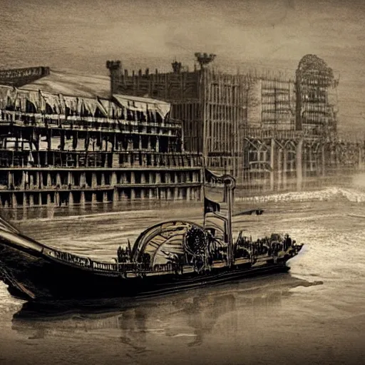 Prompt: a steampunk boat chugging down a river