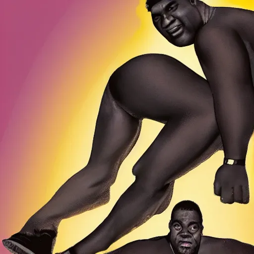 Image similar to a little black person rides on the shoulder's of a huge 7 ft tall 5 0 0 pound black man. hyperreal - h 6 4 0