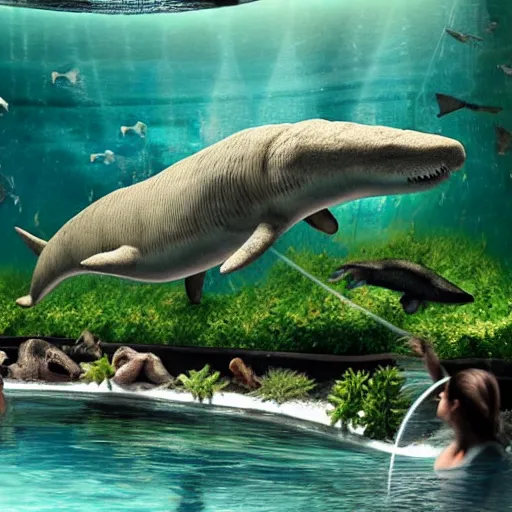 Prompt: baby mosasaur swimming in zoo aquarium realistic photo