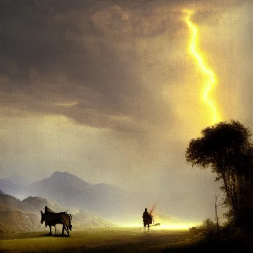 Prompt: woman on a donkey gazing at a lightning bolt in the distance in a valley, heavy rain approaching, John Harris, crisp lighting, breathtaking detail, cinematic