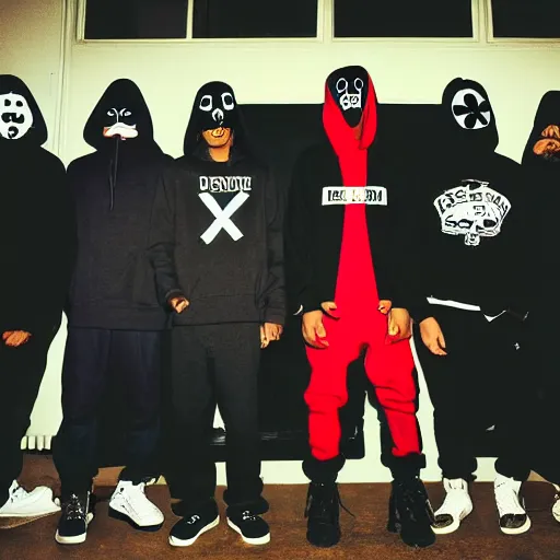 Prompt: five rappers in balaclavas, hoodies, and domino masks stand close together in chiaroscuro lighting. one of them is crucified on a brightly lit cross. blurry photo. bloody red logo on top