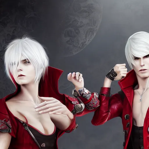 Prompt: Epic rococo painting of two young identical twins, with white skin, long white hair and red eyes. Wearing identical red clothes. Middle age. Devil May cry, ultra-detailed. Anime, pixiv, UHD 8K CryEngine, octane render
