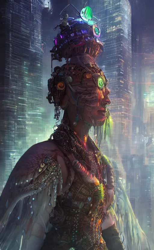 Image similar to a cyber shaman in a futuristic city, dynamic lighting, photorealistic fantasy concept art, trending on art station, stunning visuals, creative, cinematic, ultra detailed